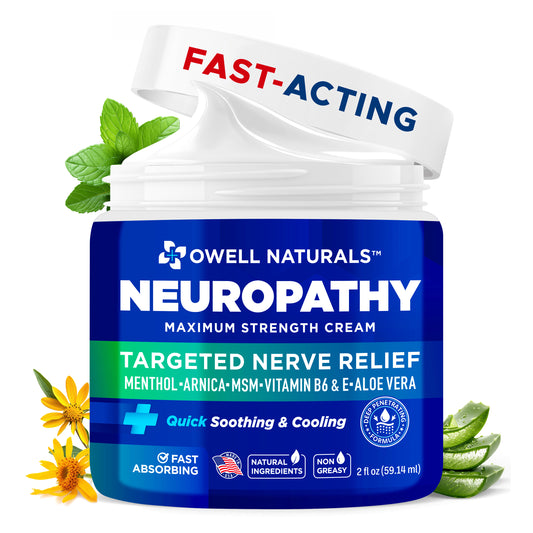 OWELL NATURALS Neuropathy Nerve Relief Cream – Maximum Strength - Non Greasy, All Natural for Feet, Hands, Legs, Toes Discomfort Made in USA