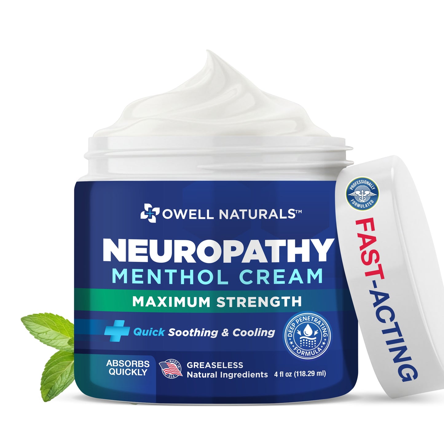 OWELL NATURALS Neuropathy Nerve Relief Cream – Maximum Strength - Non Greasy, All Natural for Feet, Hands, Legs, Toes Discomfort Made in USA