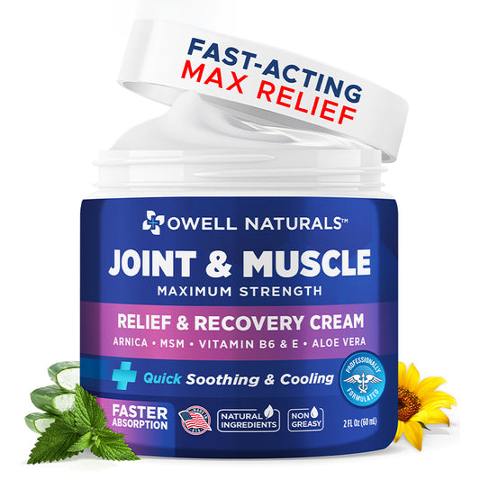 OWELL NATURALS Joint & Muscle Therapy Cream - All-Natural- Maximum Strength Relief & Recovery for Back, Neck, Hands, Feet, Shoulder - Fast-Acting, Non-Greasy, Made in USA