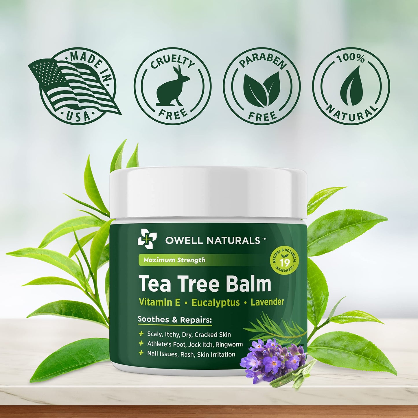 OWELL NATURALS Tea Tree Balm for Itchy, Dry and Cracked Skin, Rashes, Bee Stings, Splinters, Boils, Poison Ivy, Insect Bites, Cuts and Burns - Paraben-Free and Made in The USA