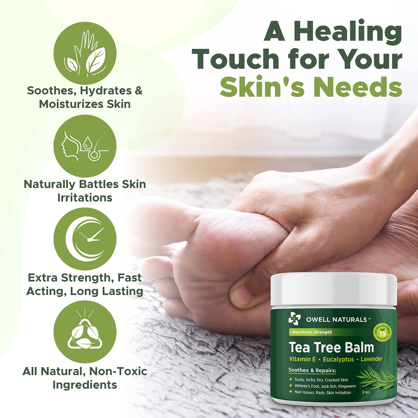 OWELL NATURALS Tea Tree Balm for Itchy, Dry and Cracked Skin, Rashes, Bee Stings, Splinters, Boils, Poison Ivy, Insect Bites, Cuts and Burns - Paraben-Free and Made in The USA