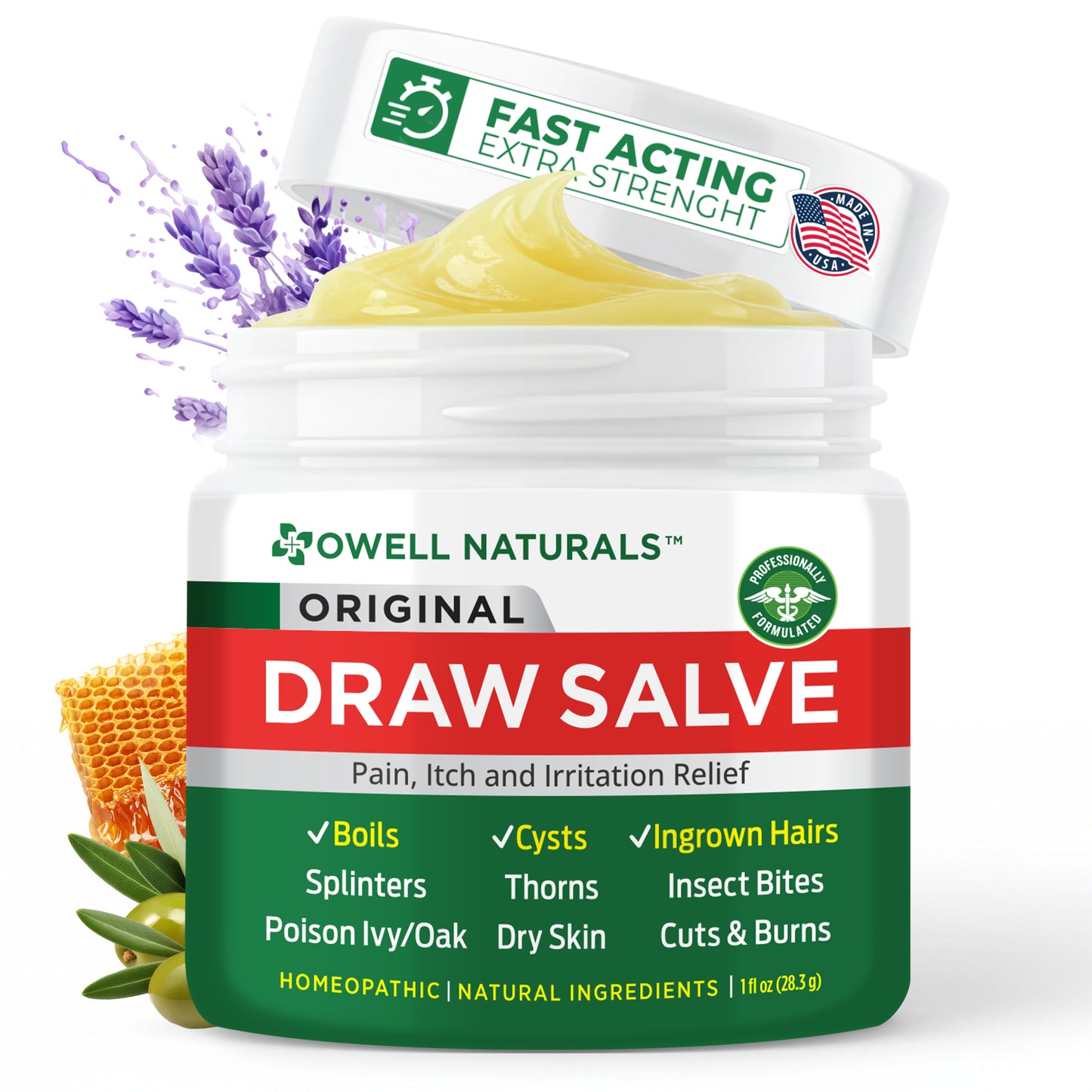 OWELL NATURALS Drawing Salve Ointment 1oz, ingrown Hair Treatment, Boil & Cyst, Splinter Remover, Bug and Spider Bites, bee Sting, Mosquito bite Itch Relief, Poison Ivy
