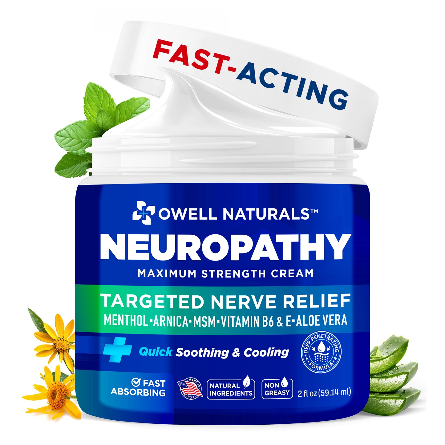 OWELL NATURALS Neuropathy Nerve Relief Cream – Maximum Strength - Non Greasy, All Natural for Feet, Hands, Legs, Toes Discomfort Made in USA