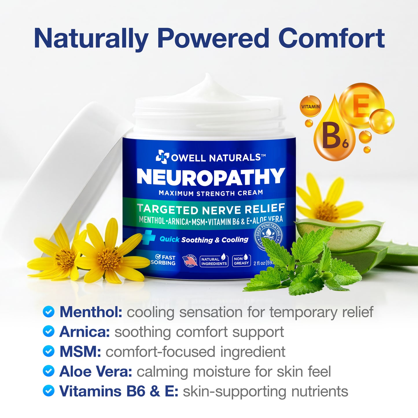 OWELL NATURALS Neuropathy Nerve Relief Cream – Maximum Strength - Non Greasy, All Natural for Feet, Hands, Legs, Toes Discomfort Made in USA
