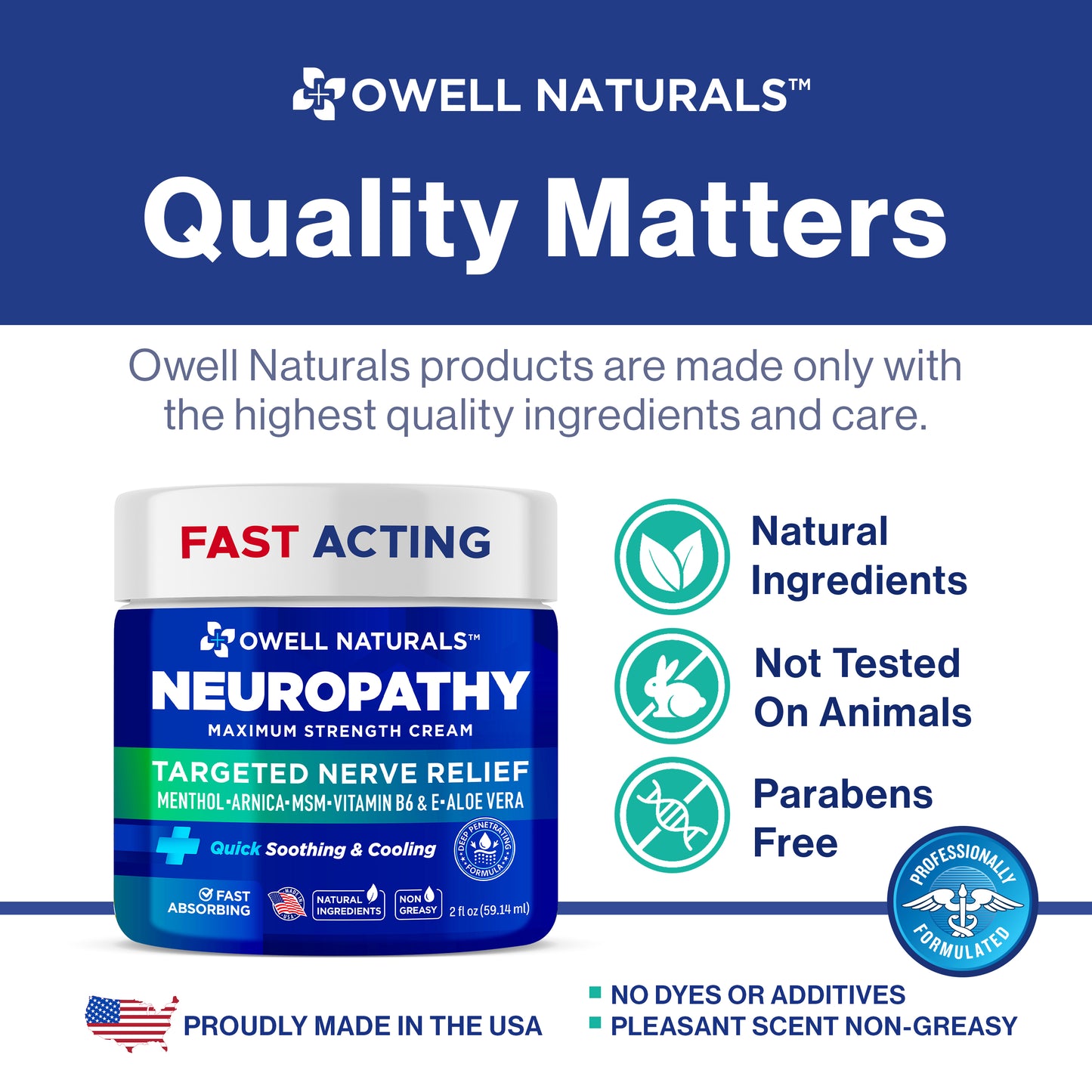 OWELL NATURALS Neuropathy Nerve Relief Cream – Maximum Strength - Non Greasy, All Natural for Feet, Hands, Legs, Toes Discomfort Made in USA