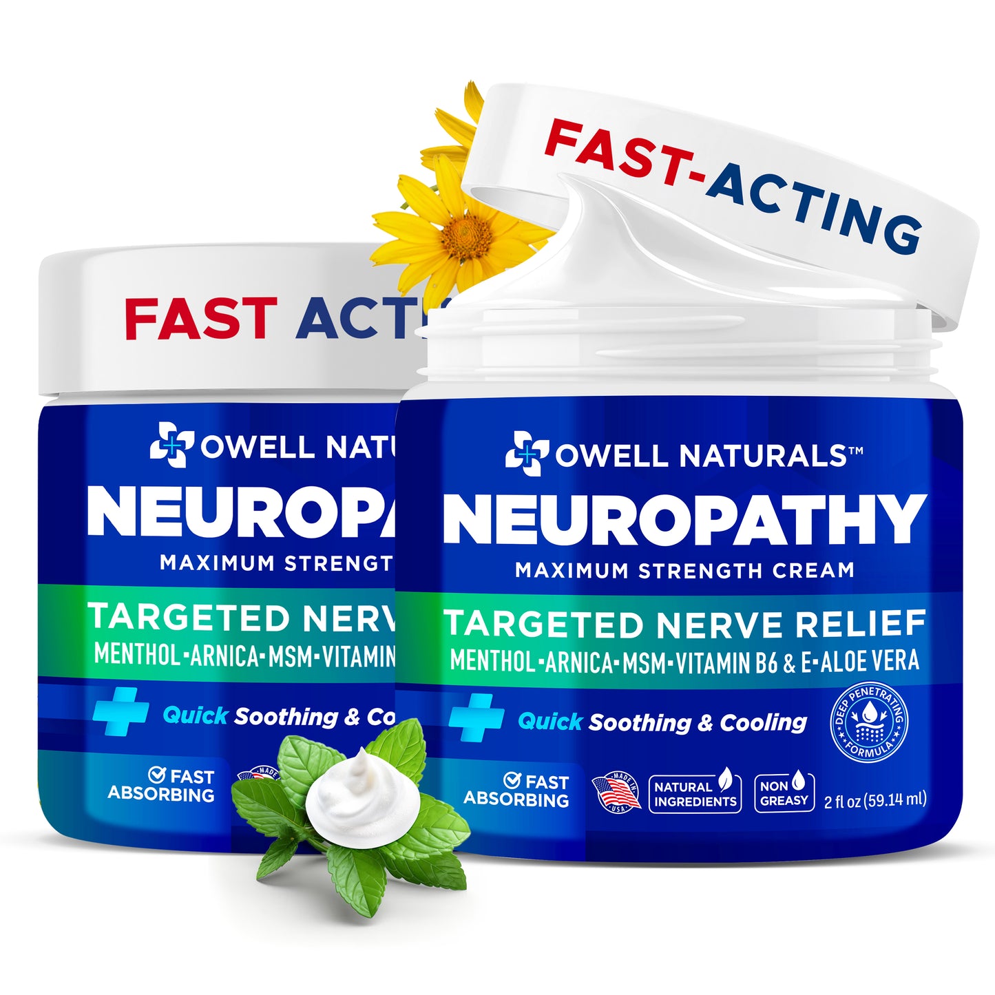 OWELL NATURALS Neuropathy Nerve Relief Cream – Maximum Strength - Non Greasy, All Natural for Feet, Hands, Legs, Toes Discomfort Made in USA
