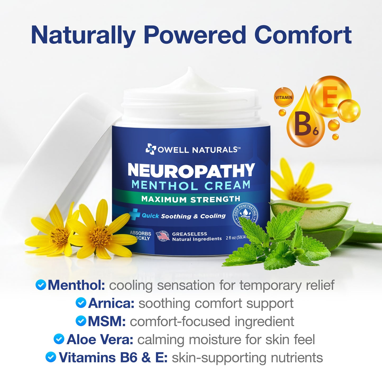 OWELL NATURALS Neuropathy Nerve Relief Cream – Maximum Strength - Non Greasy, All Natural for Feet, Hands, Legs, Toes Discomfort Made in USA