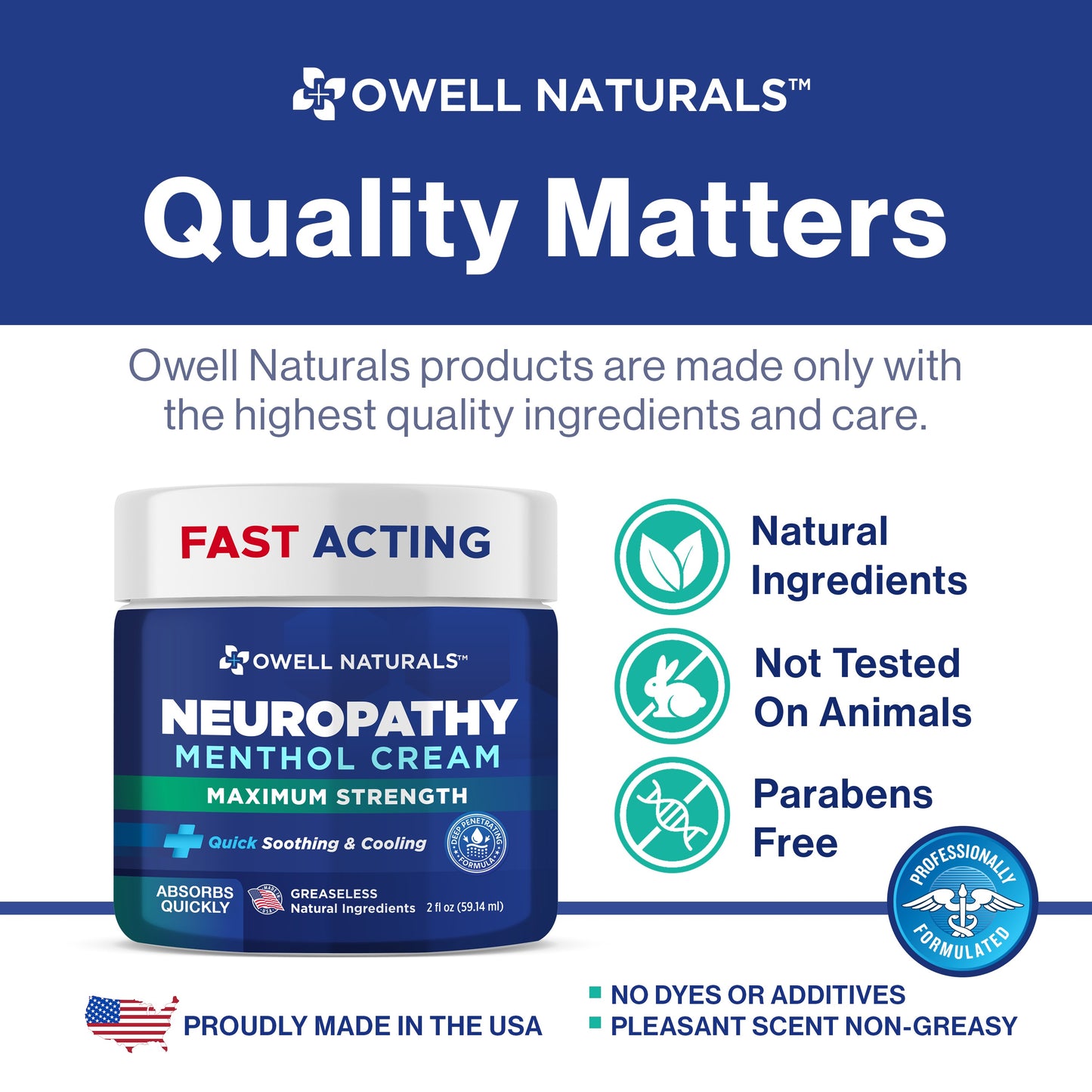 OWELL NATURALS Neuropathy Nerve Relief Cream – Maximum Strength - Non Greasy, All Natural for Feet, Hands, Legs, Toes Discomfort Made in USA
