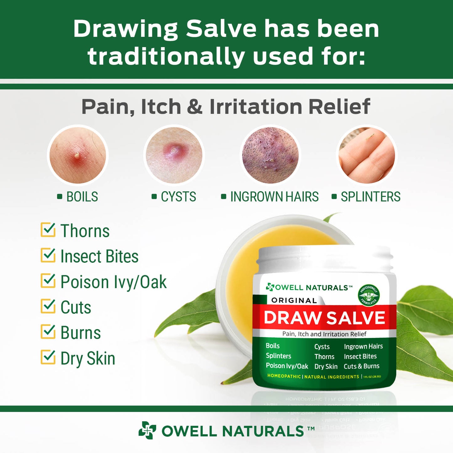 OWELL NATURALS Drawing Salve Ointment 1oz, ingrown Hair Treatment, Boil & Cyst, Splinter Remover, Bug and Spider Bites, bee Sting, Mosquito bite Itch Relief, Poison Ivy