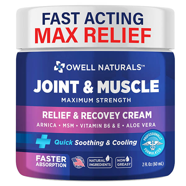 OWELL NATURALS Joint & Muscle Therapy Cream - All-Natural- Maximum Strength Relief & Recovery for Back, Neck, Hands, Feet, Shoulder - Fast-Acting, Non-Greasy, Made in USA