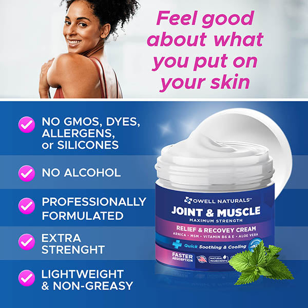 OWELL NATURALS Joint & Muscle Therapy Cream - All-Natural- Maximum Strength Relief & Recovery for Back, Neck, Hands, Feet, Shoulder - Fast-Acting, Non-Greasy, Made in USA