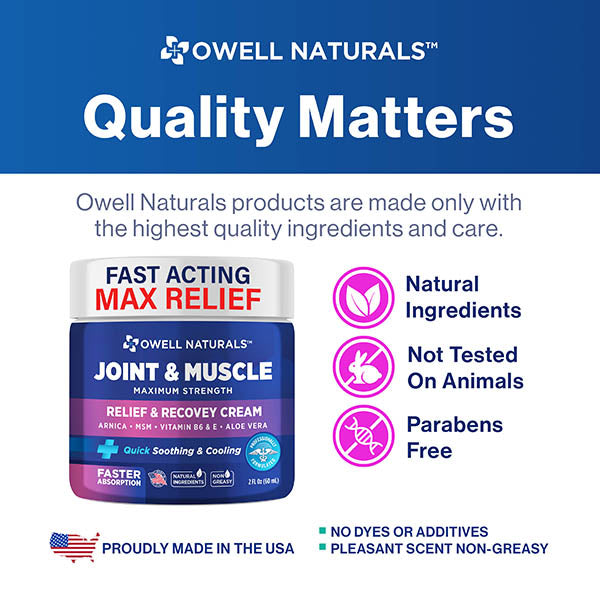 OWELL NATURALS Joint & Muscle Therapy Cream - All-Natural- Maximum Strength Relief & Recovery for Back, Neck, Hands, Feet, Shoulder - Fast-Acting, Non-Greasy, Made in USA