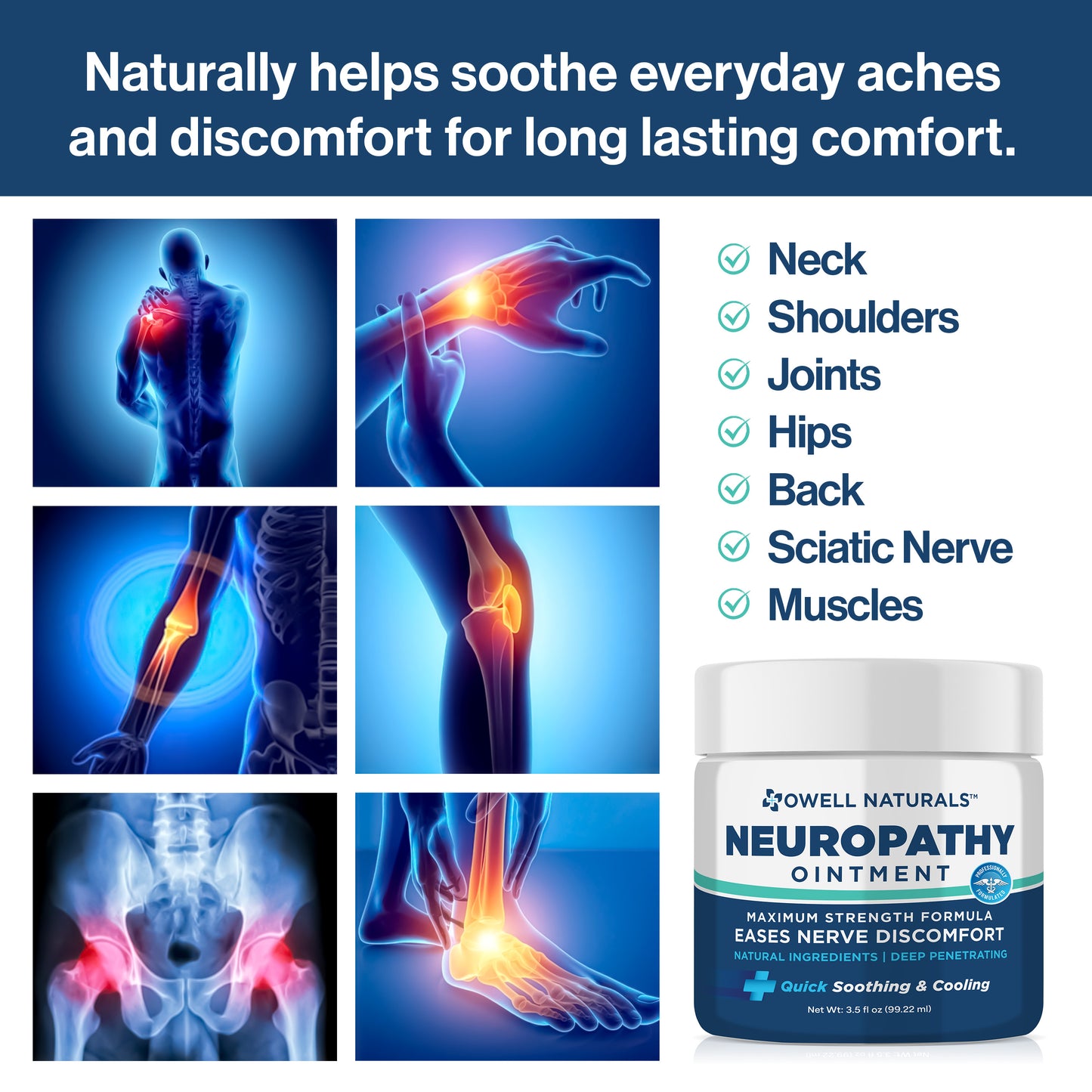 OWELL NATURALS Neuropathy Nerve Relief Ointment, Fast-Acting Formula, Max Strength, Cooling Effect, 3.5 Fl Oz